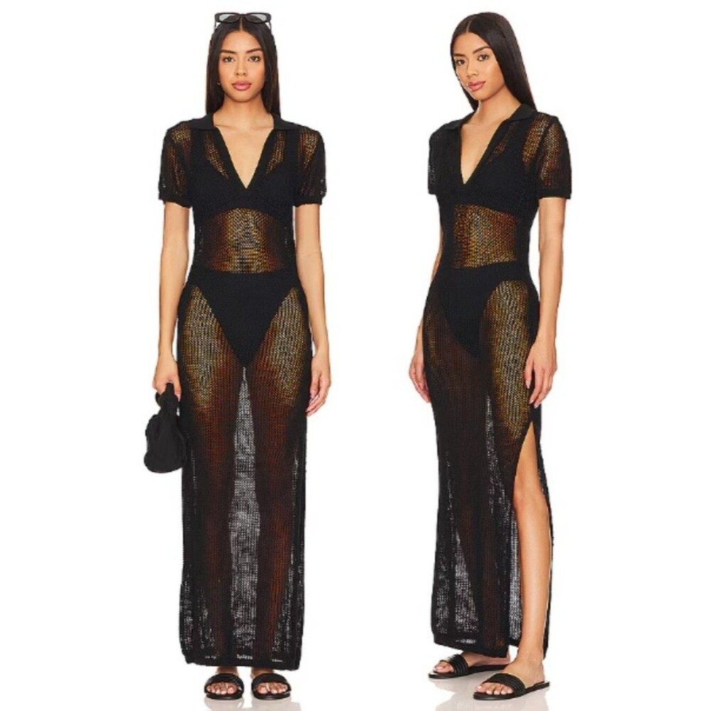 L*Space Sydney Cover Up Swim Black Mesh Open Crochet Knit Collar Maxi Dress Lg